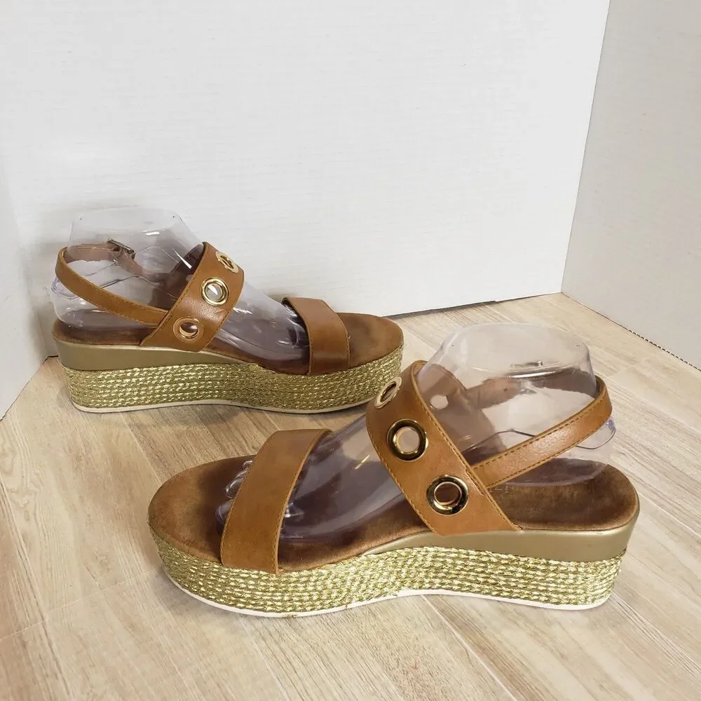 Patrizia Spring Step Metallic Buckle Accent Platform Espadrille Sandals US 10.5